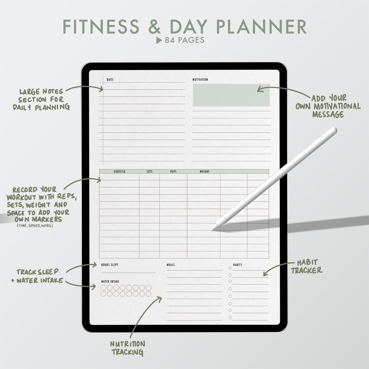 Fitness Planner, Daily Planner, Habit Tracker, Wellness Journal